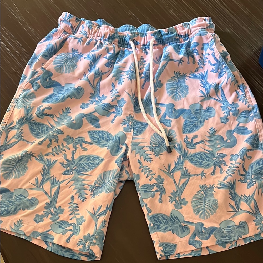 Peter Millar Blue and Pink Board Shorts with Tropical Print